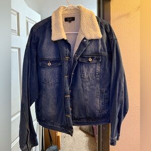 Love Tree Blue Denim Jacket with White Sherpa Collar